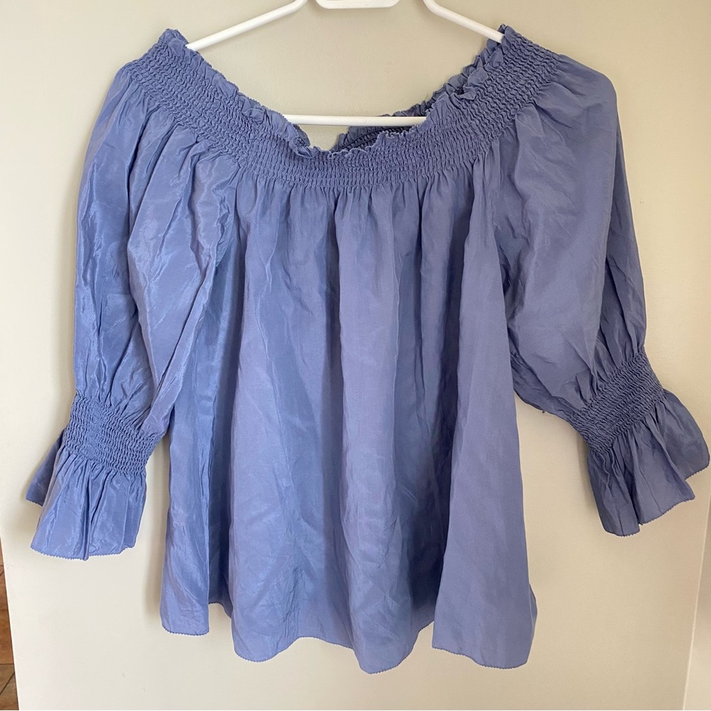 7 FOR ALL MANKIND Silk Off Shoulder Smock Top Blue Size XS Bohemian Cottagecore - Picture 2 of 14